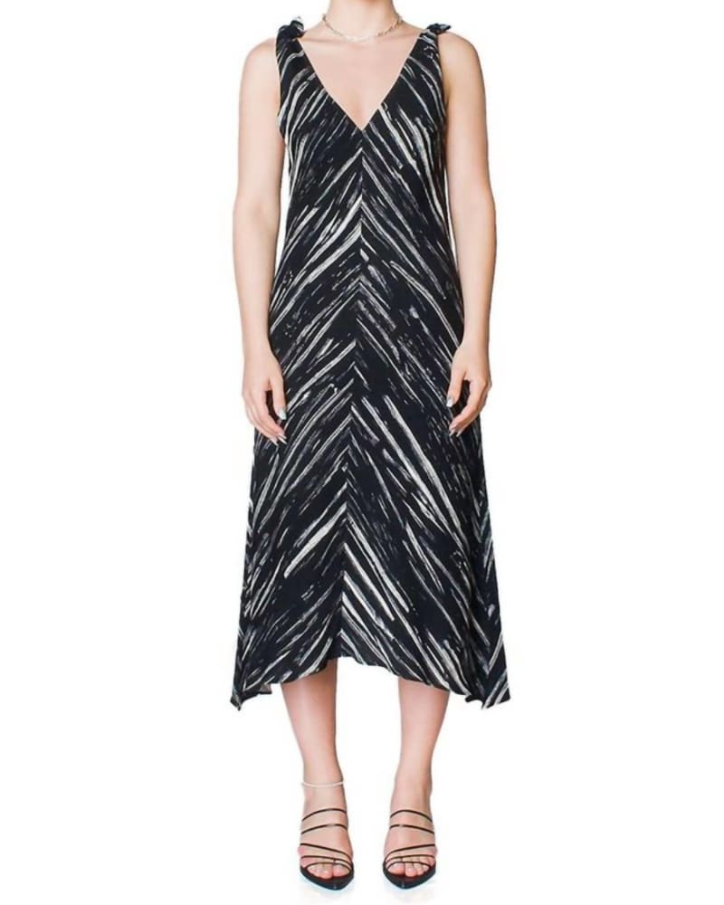 Front of a model wearing a size 10 Brushstroke Sleeveless Knot Dress In Black/Ecru Brushstroke in Black/Ecru Brushstroke by Proenza Schouler White Label. | dia_product_style_image_id:346447